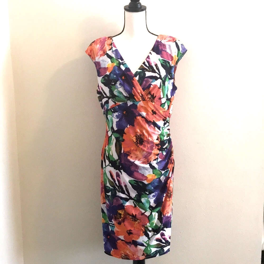 Lauren Ralph Lauren White Floral Sheath Dress with Orange, Purple, Green